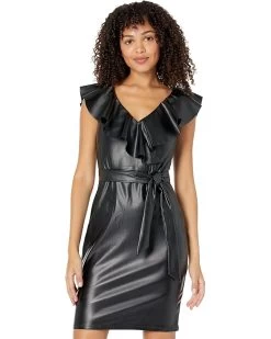 Bebe Faux Leather Ruffle Wrap Dress