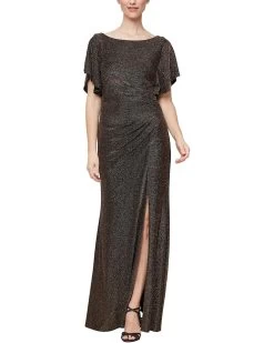 Alex Evenings Long Flutter Sleeve Dress With Ruche Waist Detail And Front Slit