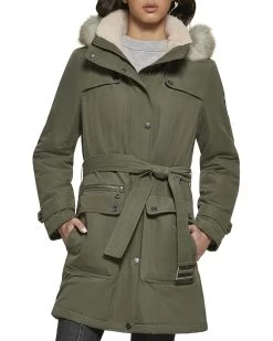 DKNY Faux Fur Hood Belted Anorak