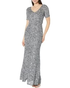 Alex Evenings Long V-Neck Dress With Short Sleeve